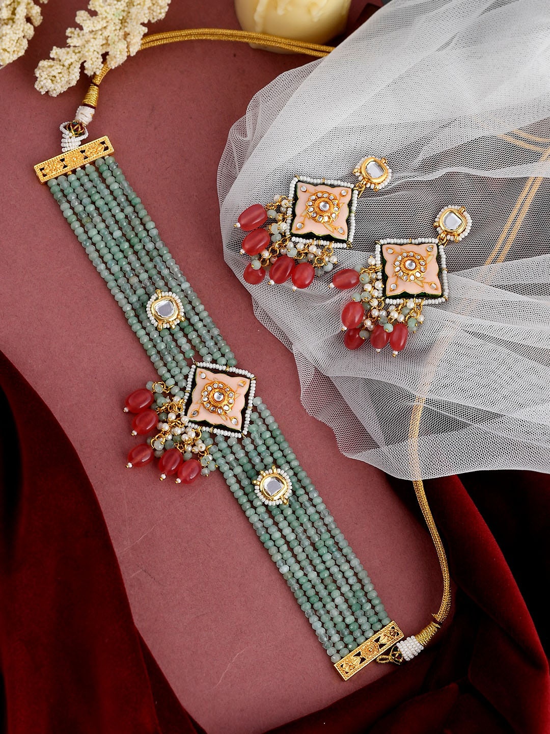 

DASTOOR Women Gold-Plated Green Beaded Jewellery Set