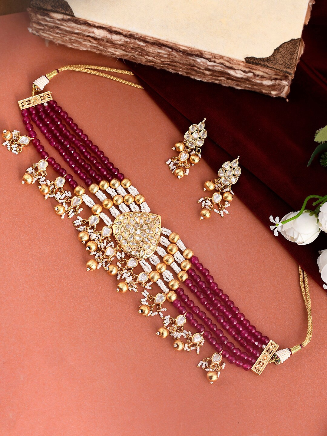 

DASTOOR Gold-Plated Maroon Polki Kundan Necklace Set