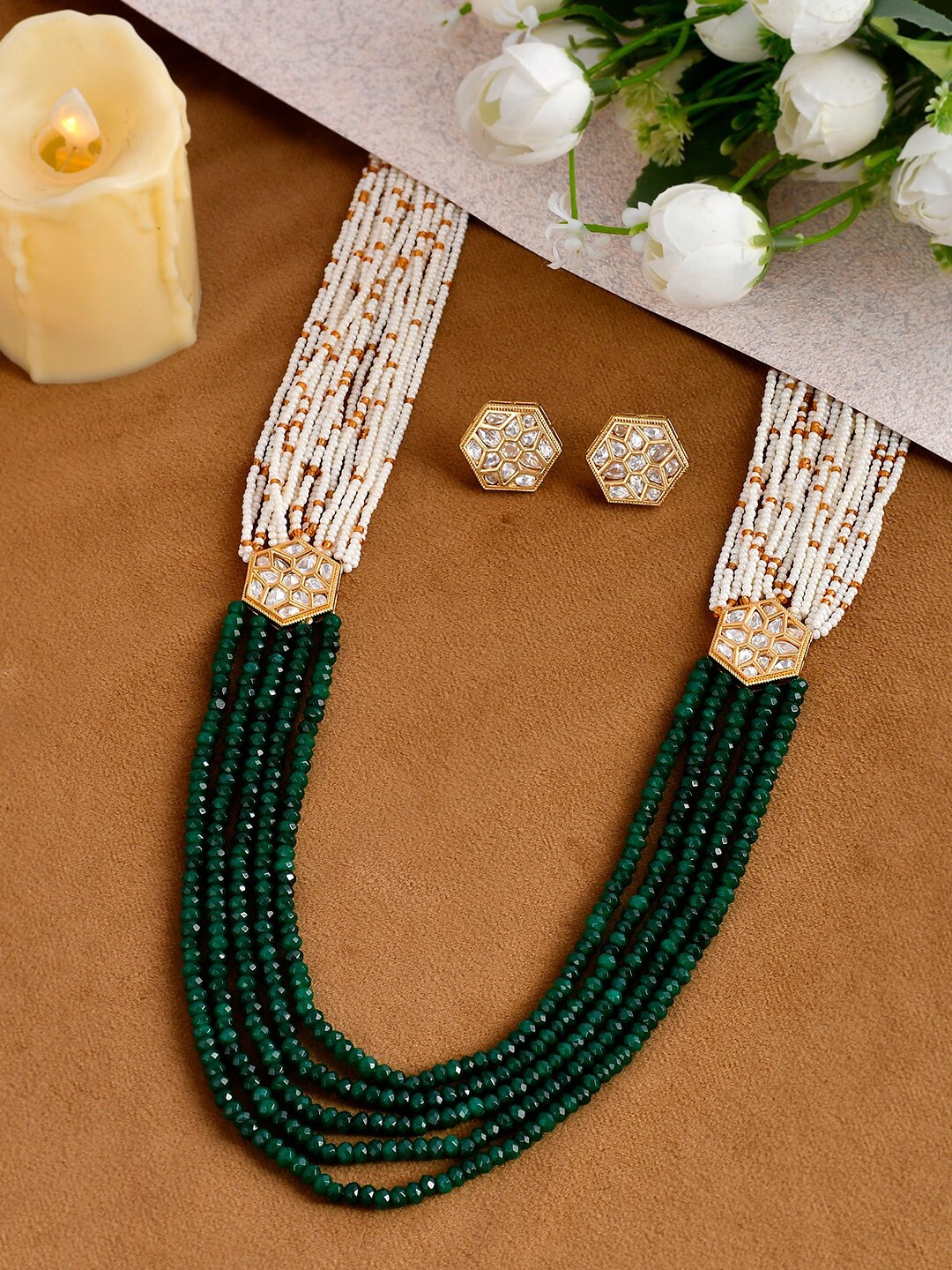 

DASTOOR Gold-Plated Green Kundan Studded & Beaded Jewellery Set, White