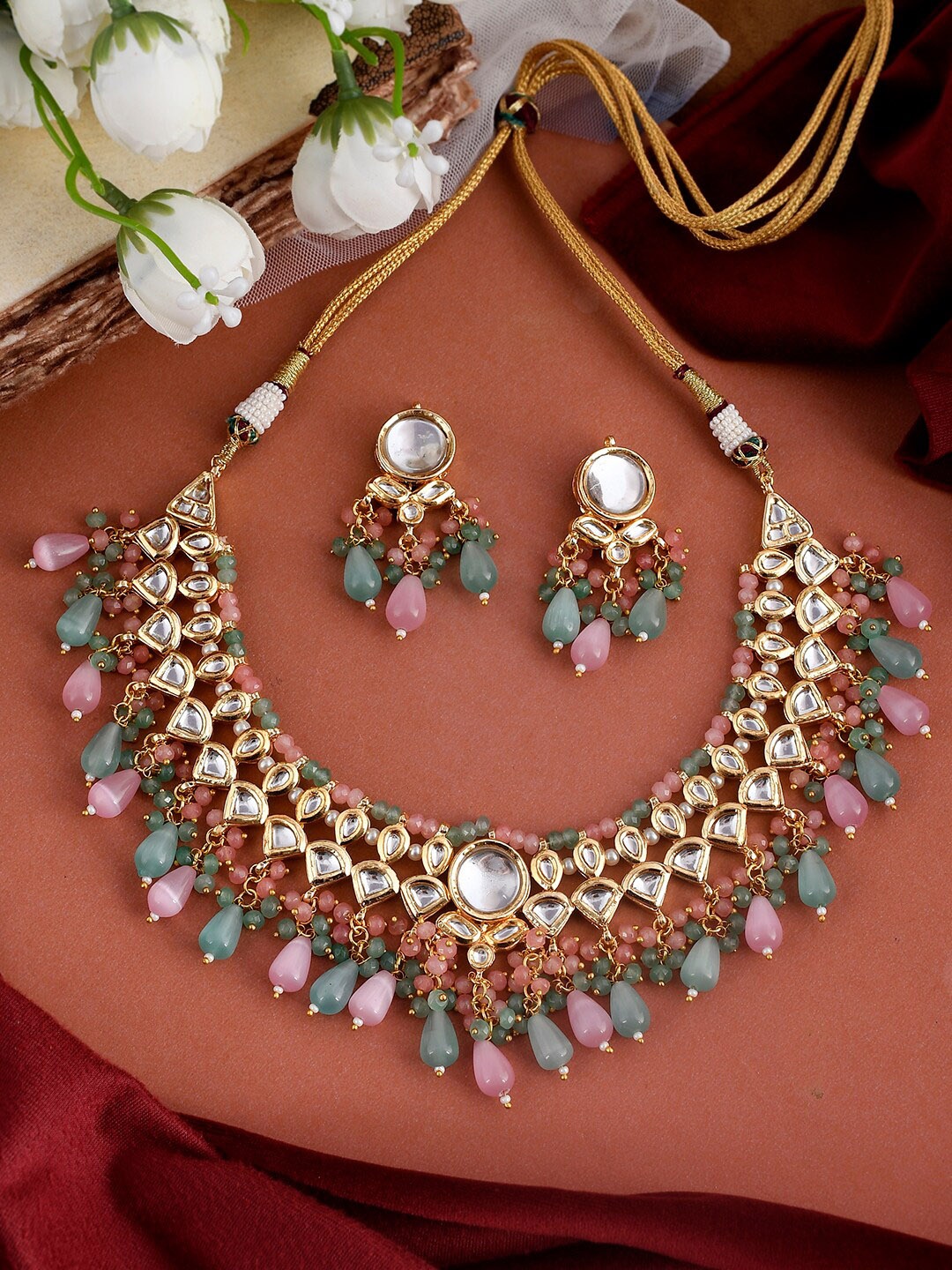 

DASTOOR Gold-Plated Pink & Green Kundan & Bead Studded Jewellery Set