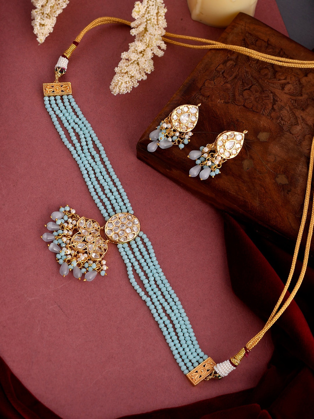 

DASTOOR Gold-Plated Turquoise Blue Kundan-Studded Jewellery Se