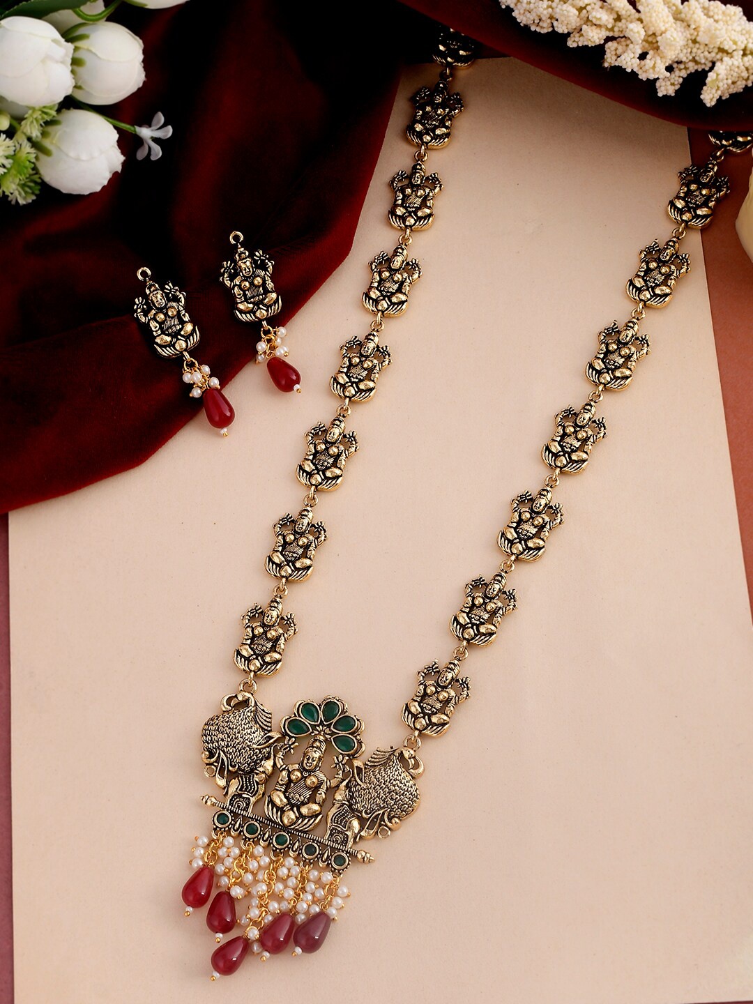 

DASTOOR Gold-Plated Green & Red Stone Studded Temple Jewellery Set