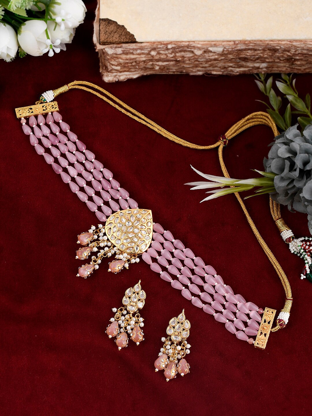 

DASTOOR Gold-Plated Pink Kundan-Studded Jewellery Set