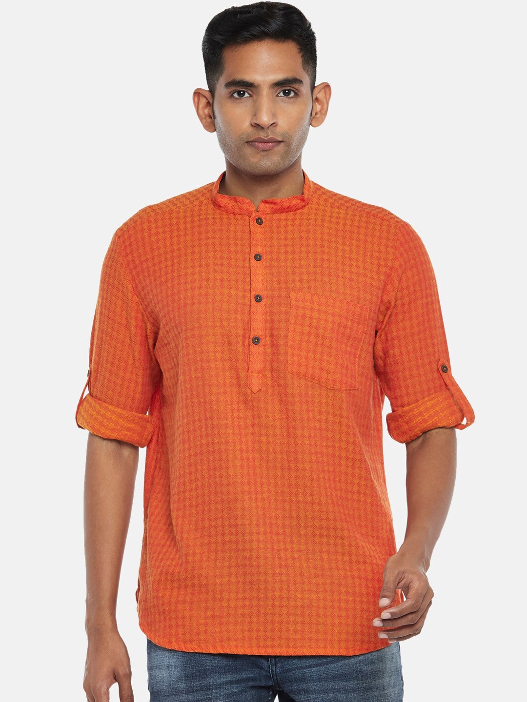 

indus route by Pantaloons Men Rust Thread Work Kurta