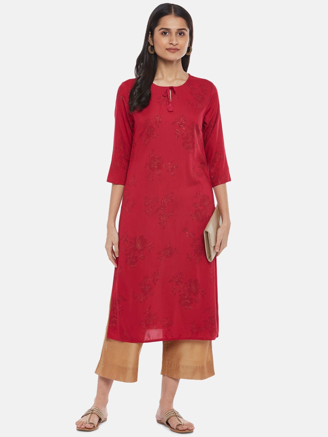 

RANGMANCH BY PANTALOONS Women Fuchsia Floral Keyhole Neck Kurta