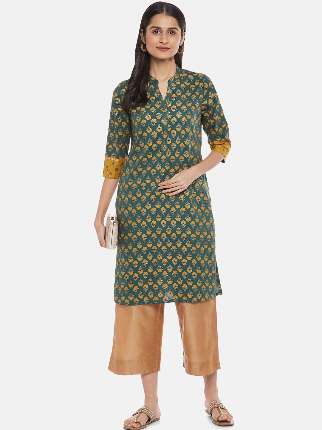 

RANGMANCH BY PANTALOONS Women Green & Yellow Ethnic Motifs Printed Straight Kurta