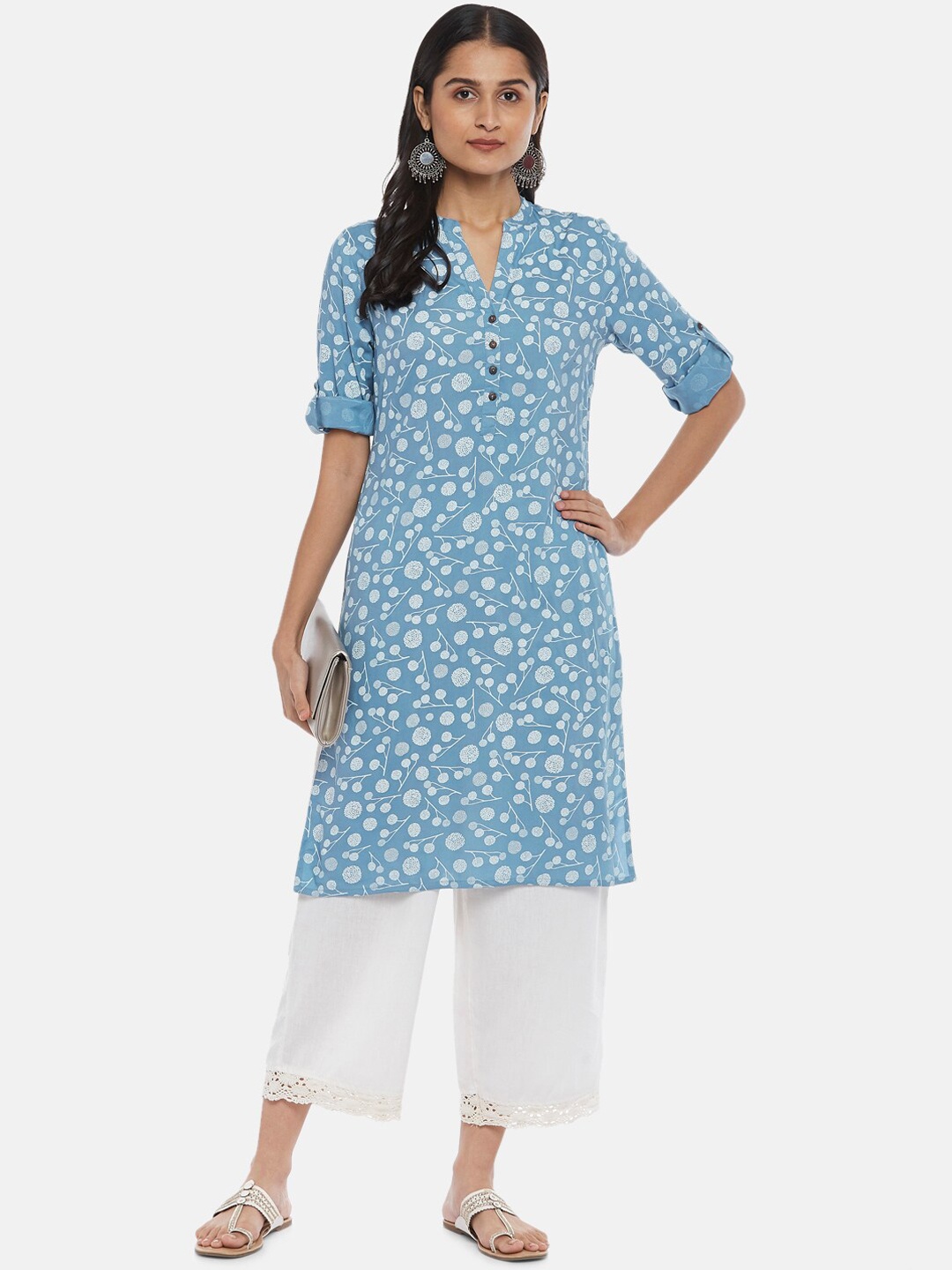 

RANGMANCH BY PANTALOONS Women Blue Geometric Printed Thread Work Kurta
