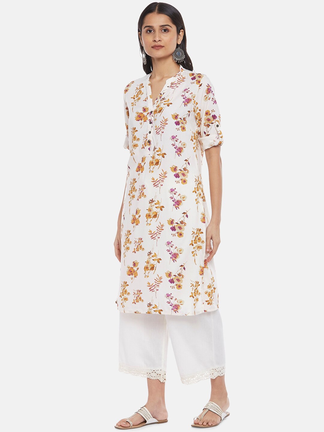 

RANGMANCH BY PANTALOONS Women Off White Floral Printed Pathani Kurta