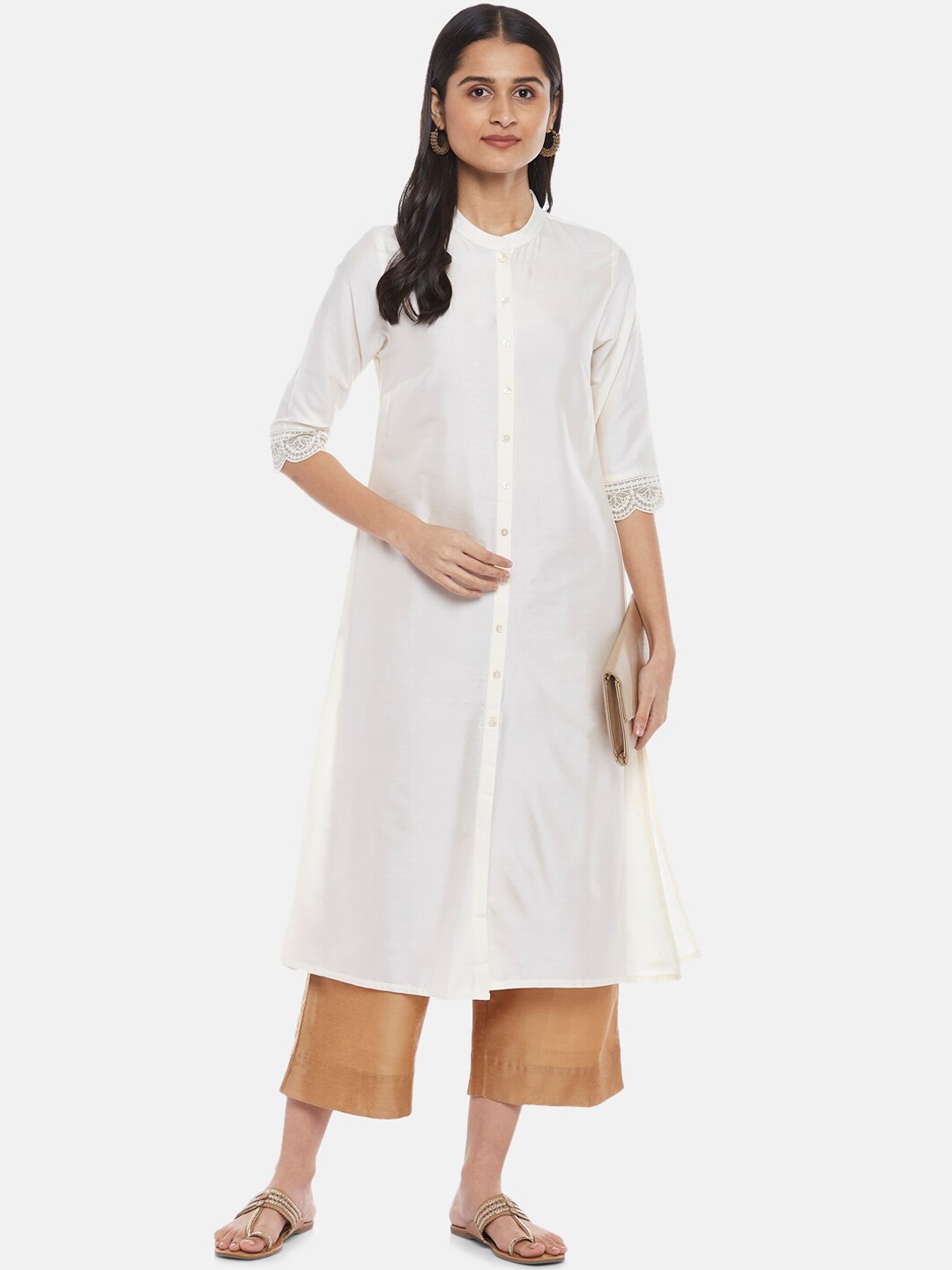 

RANGMANCH BY PANTALOONS Women Off White & Gold-Toned Solid Kurta