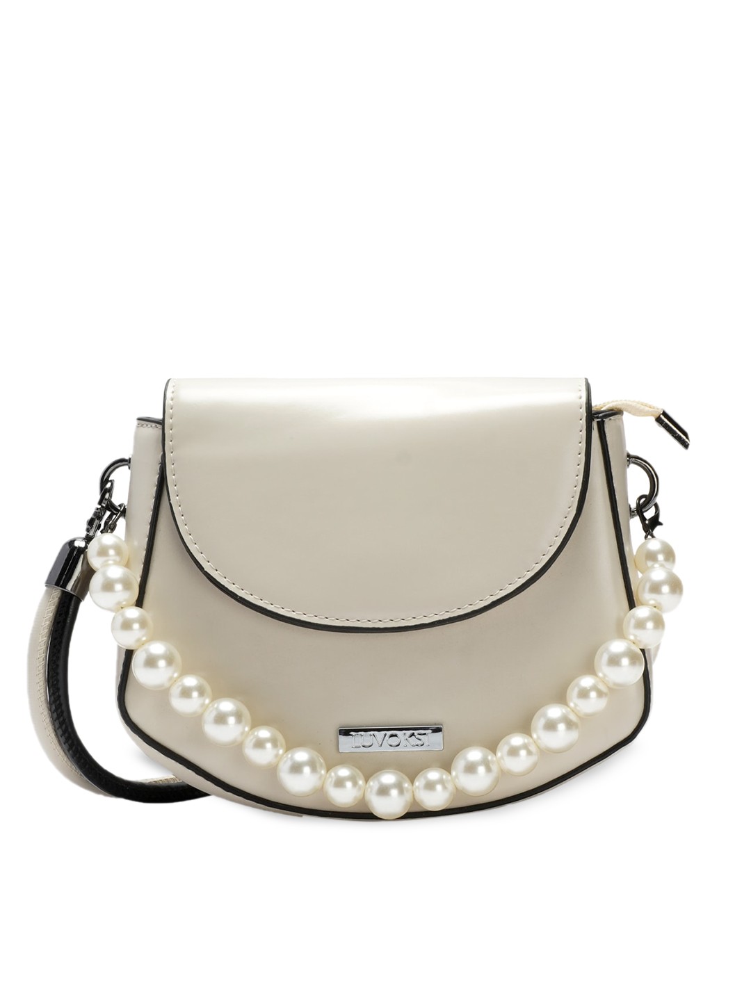 

Luvoksi White Pearls Embellished PU Half Moon Sling Bag