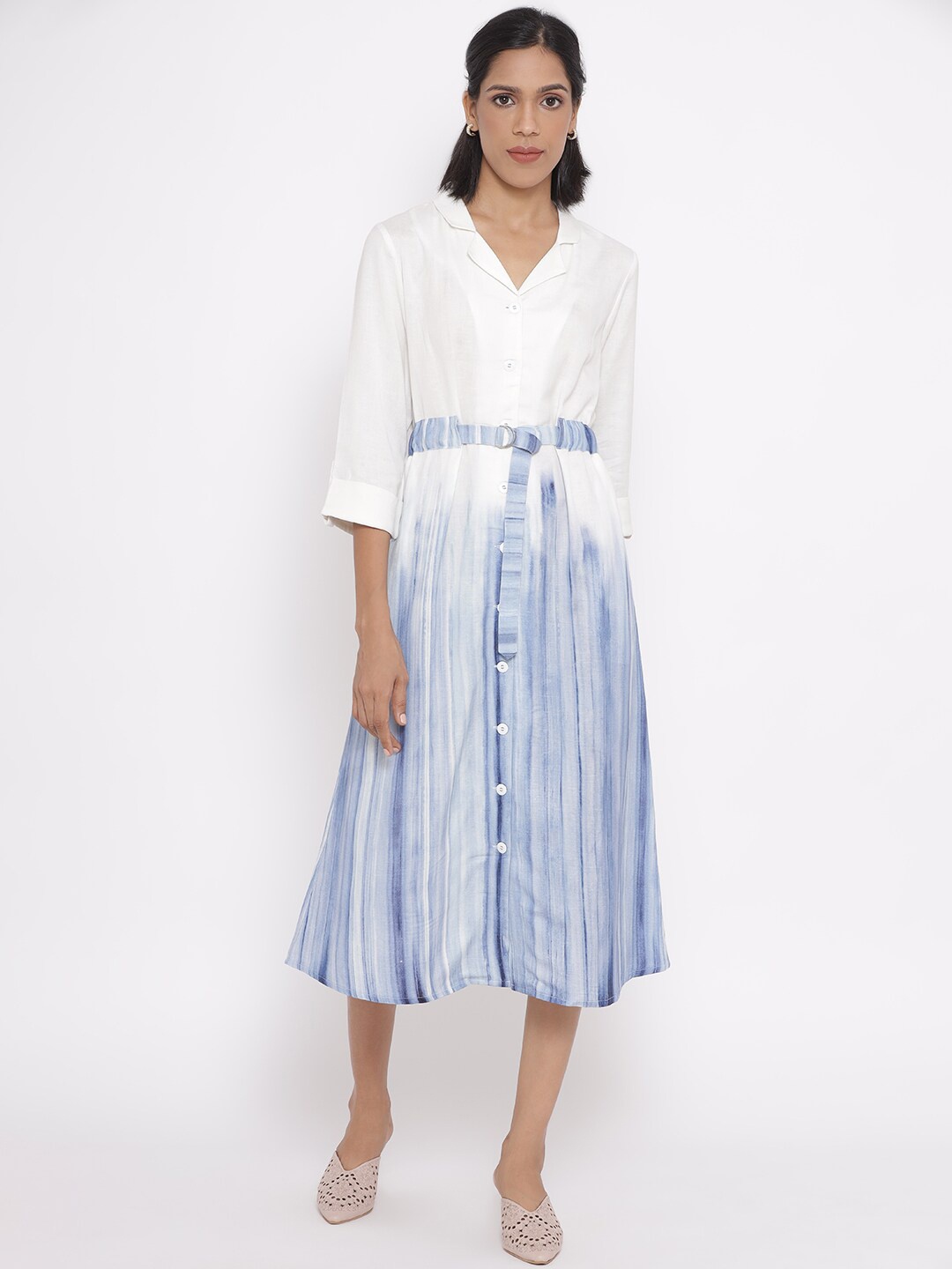

W White Striped Shirt Midi Dress