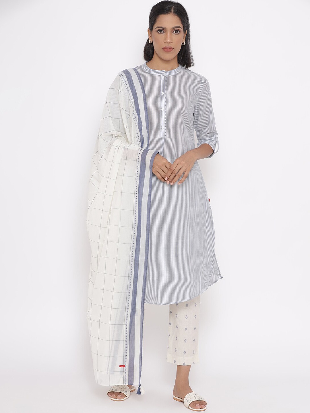 

W Women Striped Pleated Pure Cotton Kurta with Slim Trousers & With Dupatta, Blue
