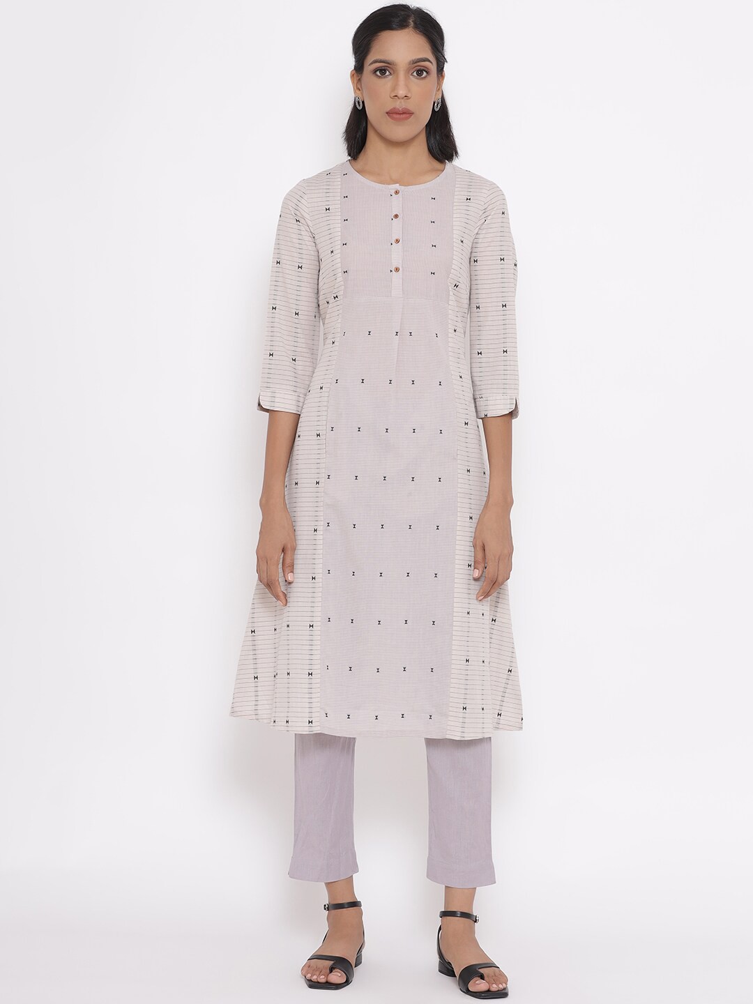 

W Women Ecru Geometric Striped Kurta, White