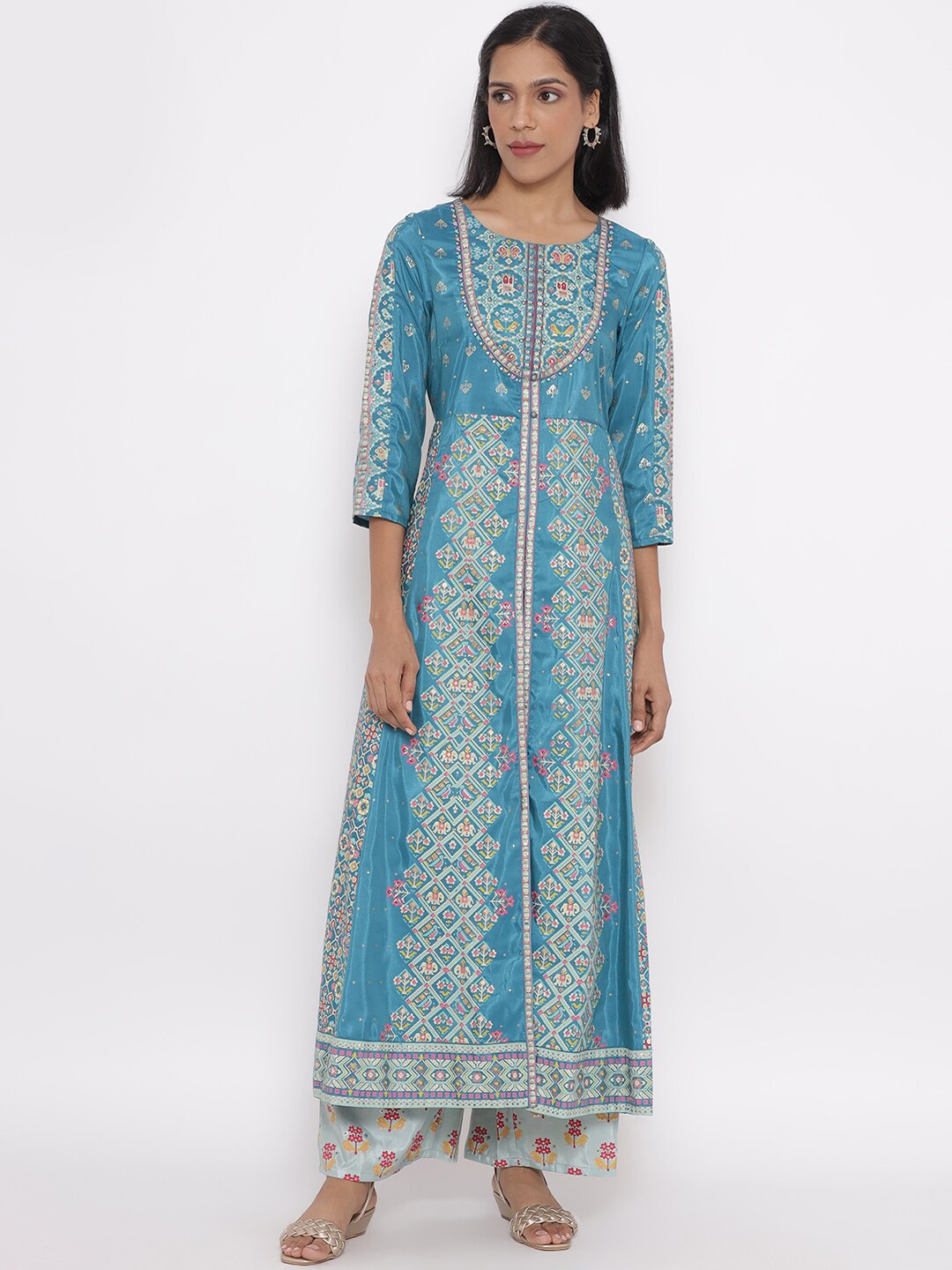 

W Women Floral Printed Layered Beads and Stones Shantung Kurta with Palazzo, Blue