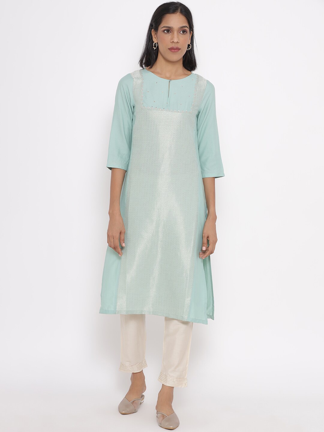 

W Women Blue Jacquard Kurta with Embroidered Yoke