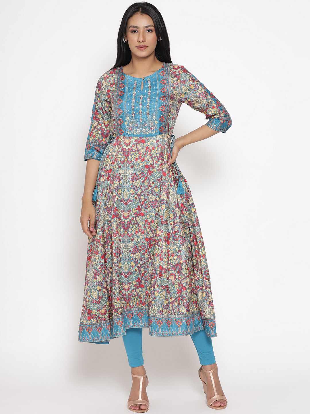 

W Women Teal Floral Printed Empire Kurti with Salwar