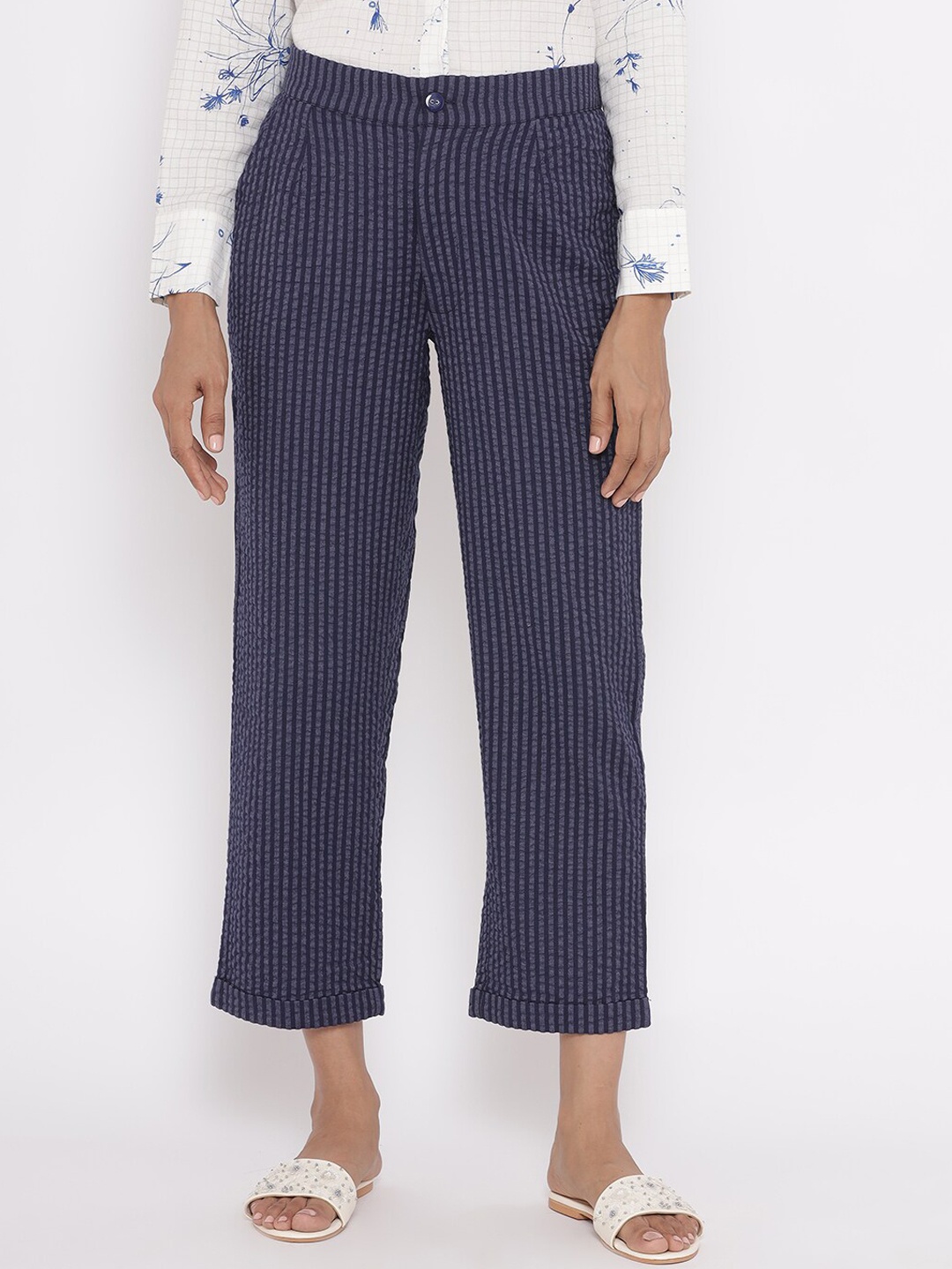 

W Women Blue Striped Regular Fit Trousers