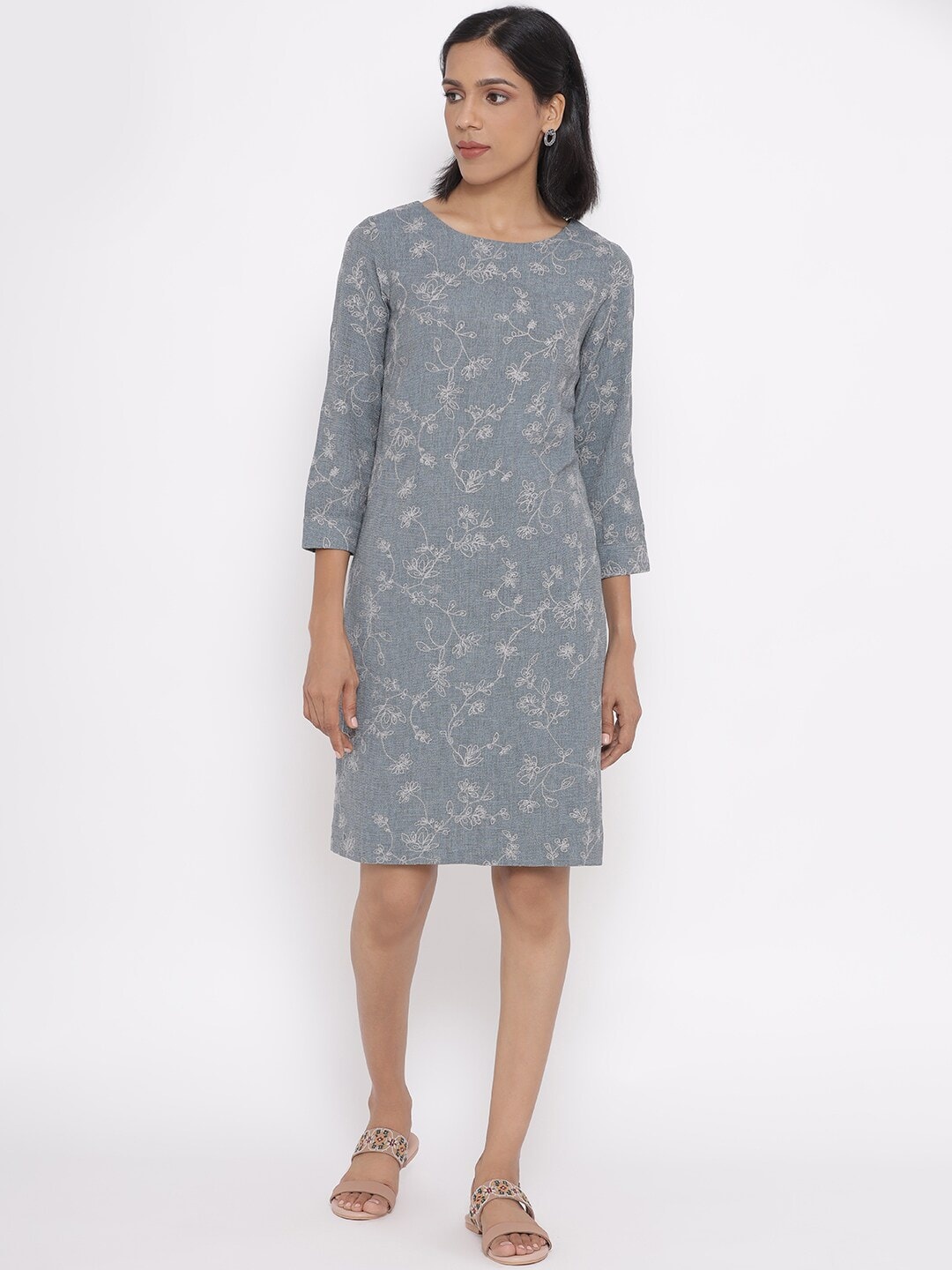 

W Women Grey Floral Organic Cotton Floral A-Line Dress