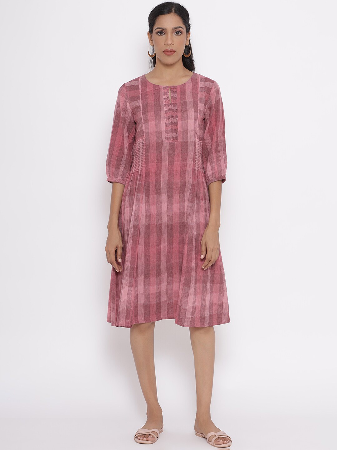 

W Women Pink Checked Cotton A-Line Dress