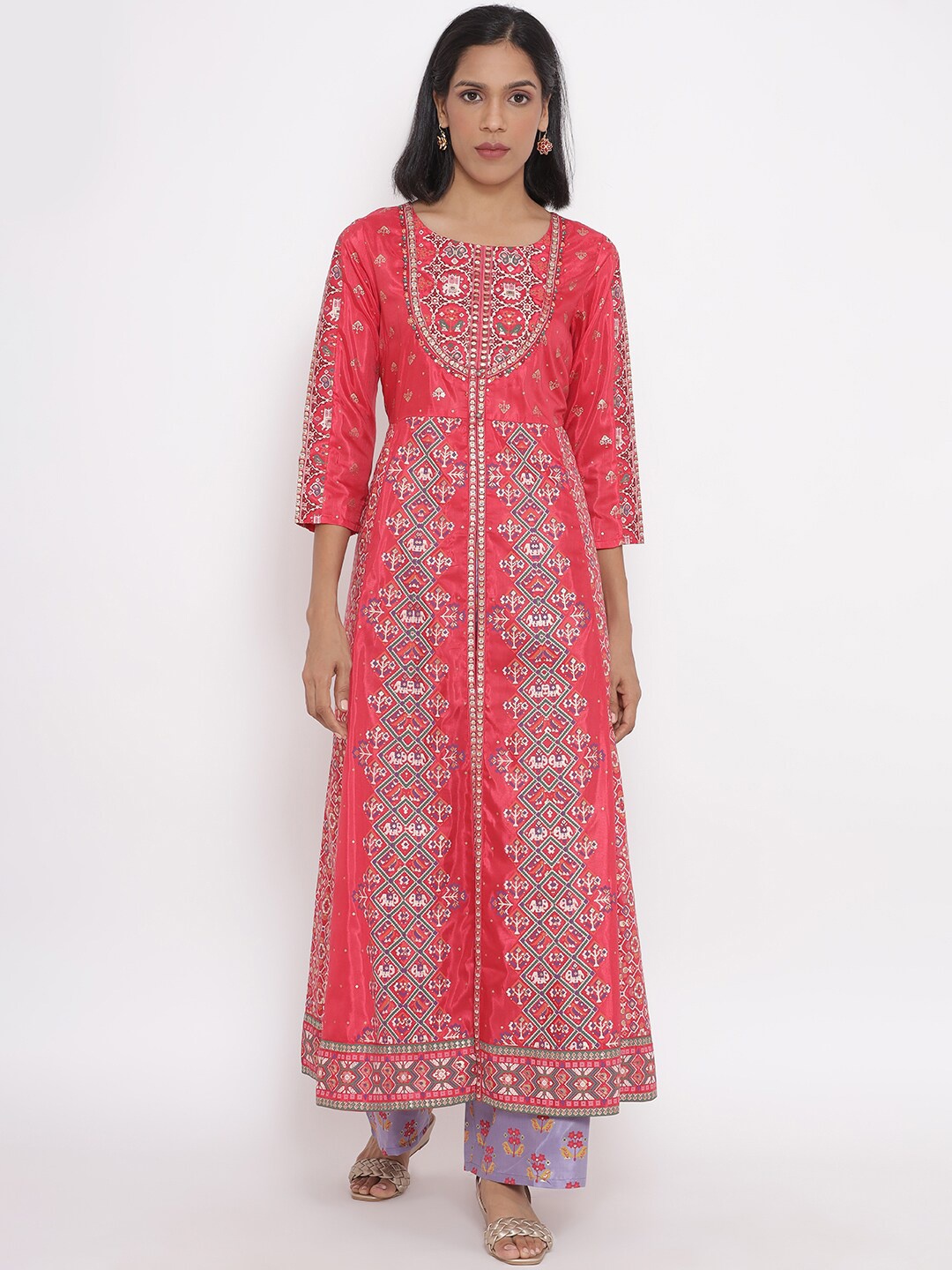 

W Festive Floral Print Shantung Kurta With Parallel Pant, Red
