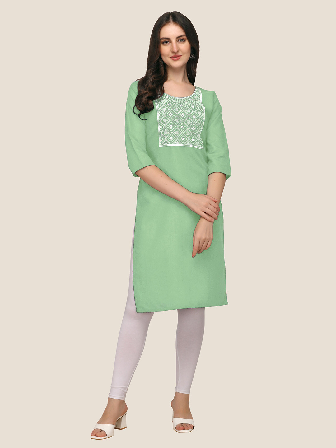 

Anjaneya Sarees Women Green and White Embroidered Straight Kurti