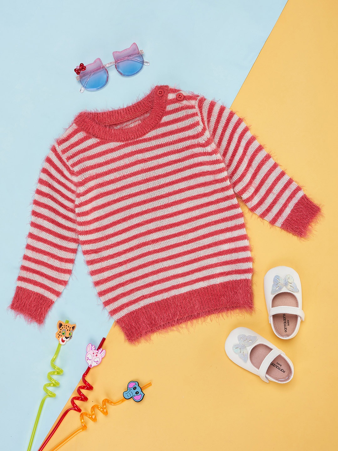 

Pantaloons Junior Girls Peach-Coloured & White Striped Pullover