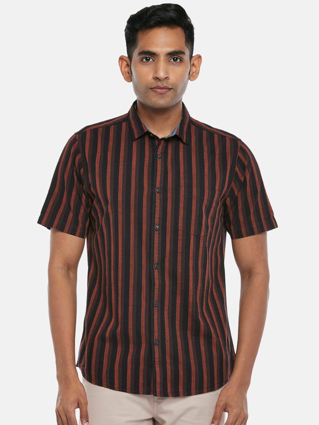 

BYFORD by Pantaloons Men Coffee Brown Striped Casual Cotton Shirt