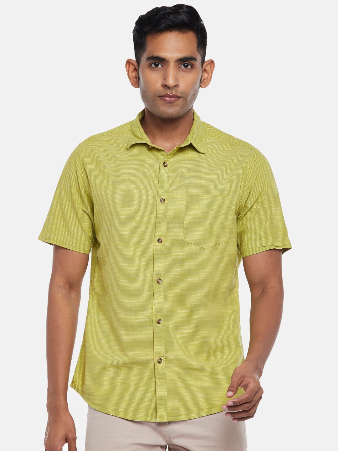 

BYFORD by Pantaloons Men Green Horizontal Striped Cotton Casual Shirt, Lime green