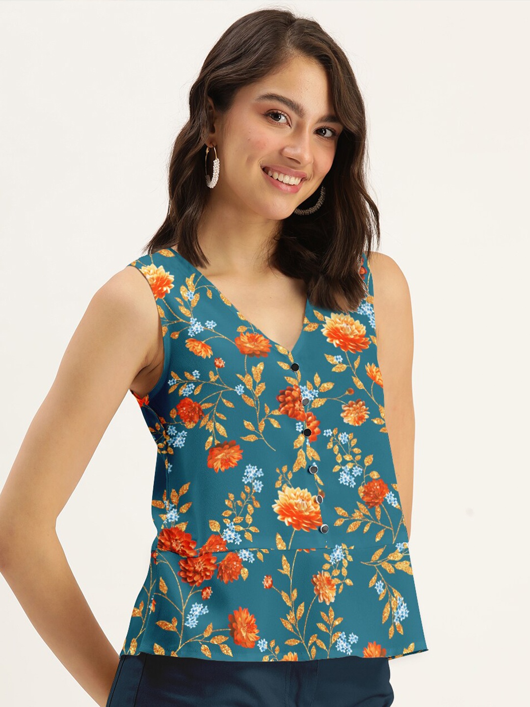 

DressBerry Women Teal Floral Printed V-Neck Top