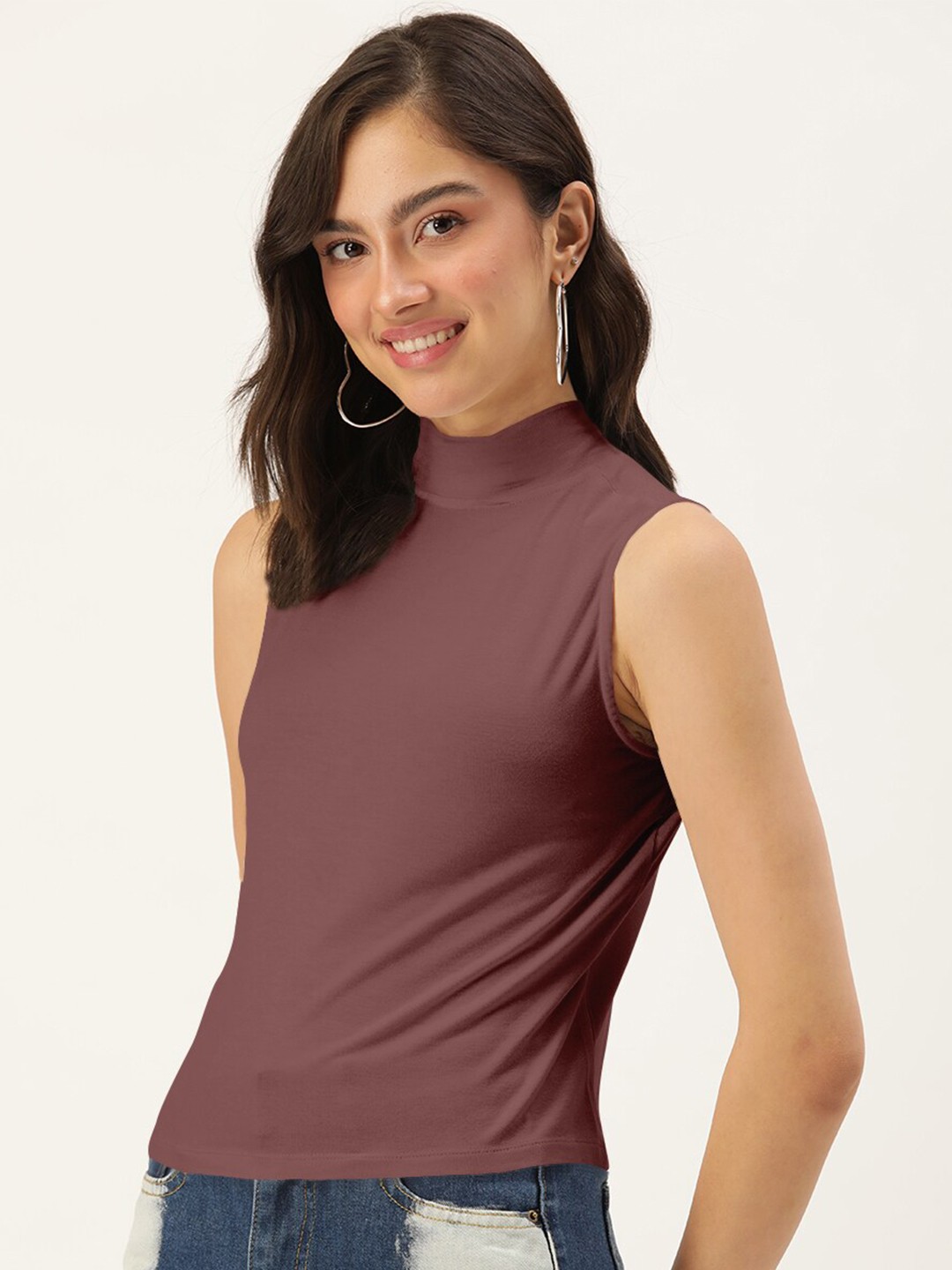 

DressBerry Women Maroon Solid Sleeveless High Neck Top