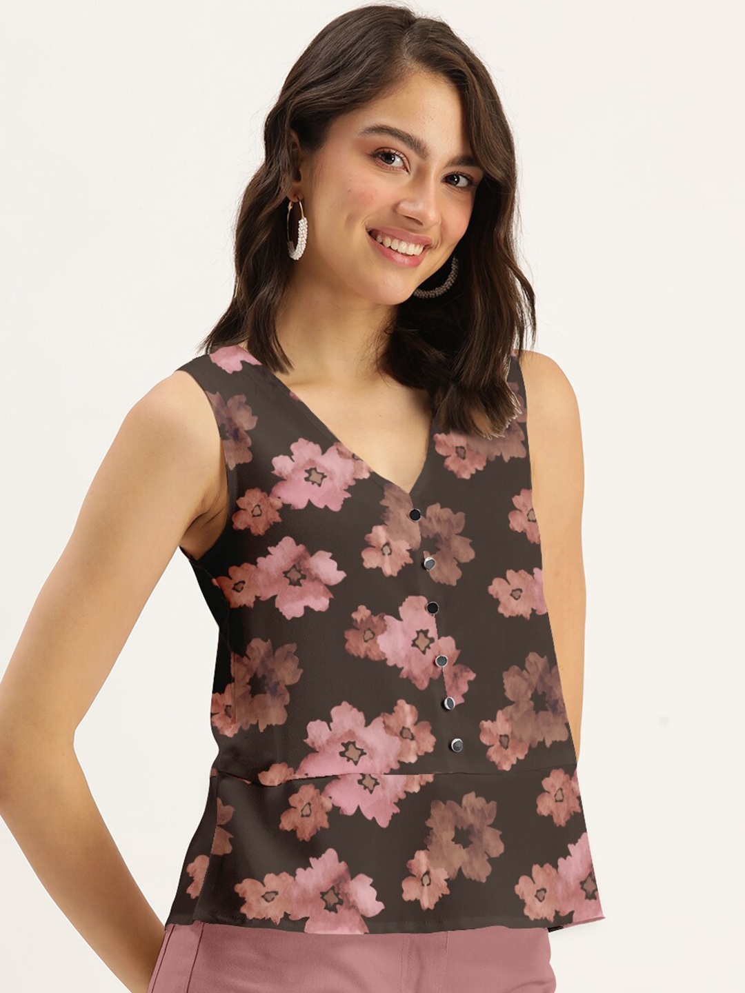 

DressBerry Women Black Floral Print Crepe Top