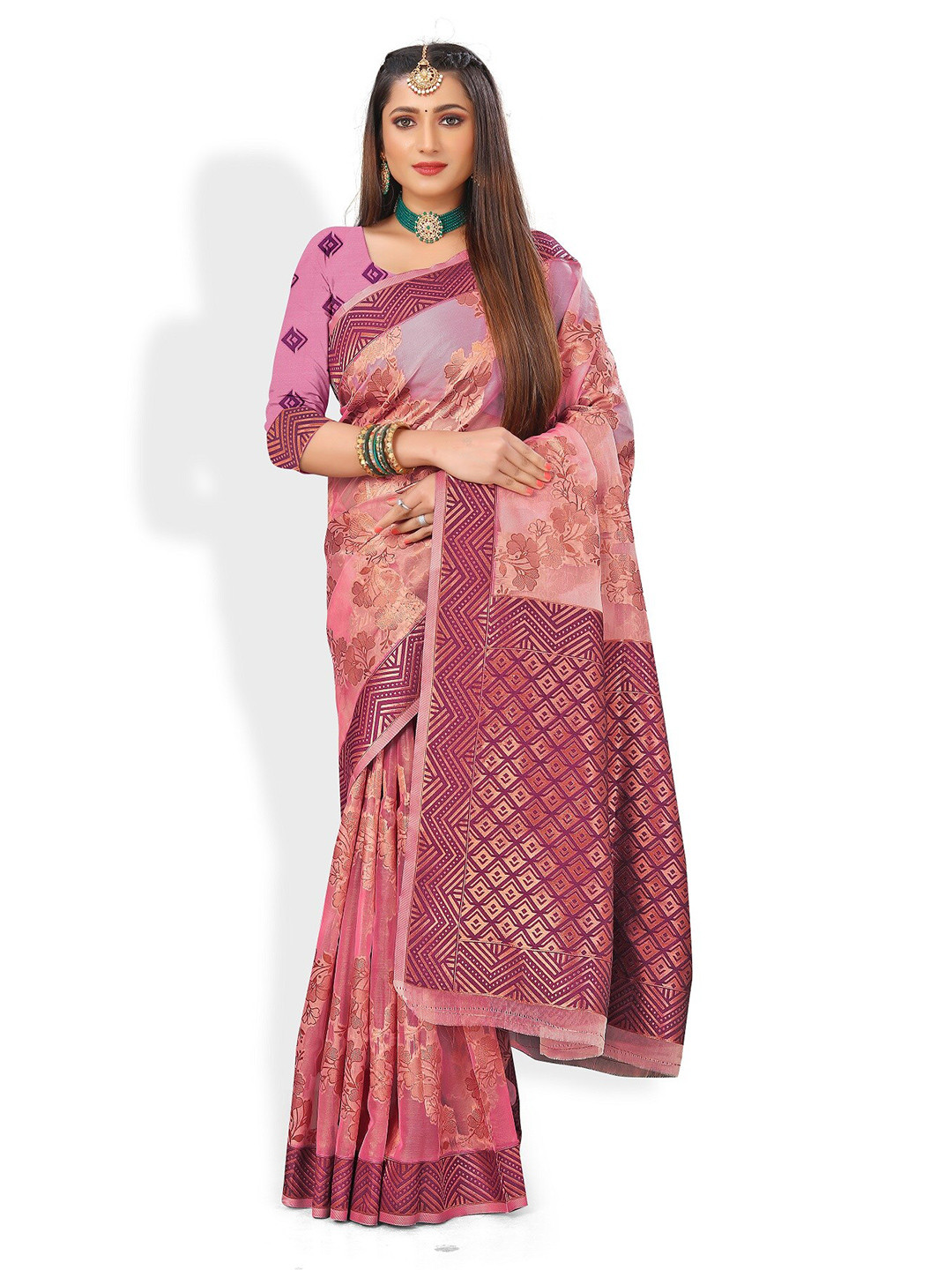 

Rivana Pink & Gold-Toned Ethnic Motifs Zari Organza Banarasi Saree