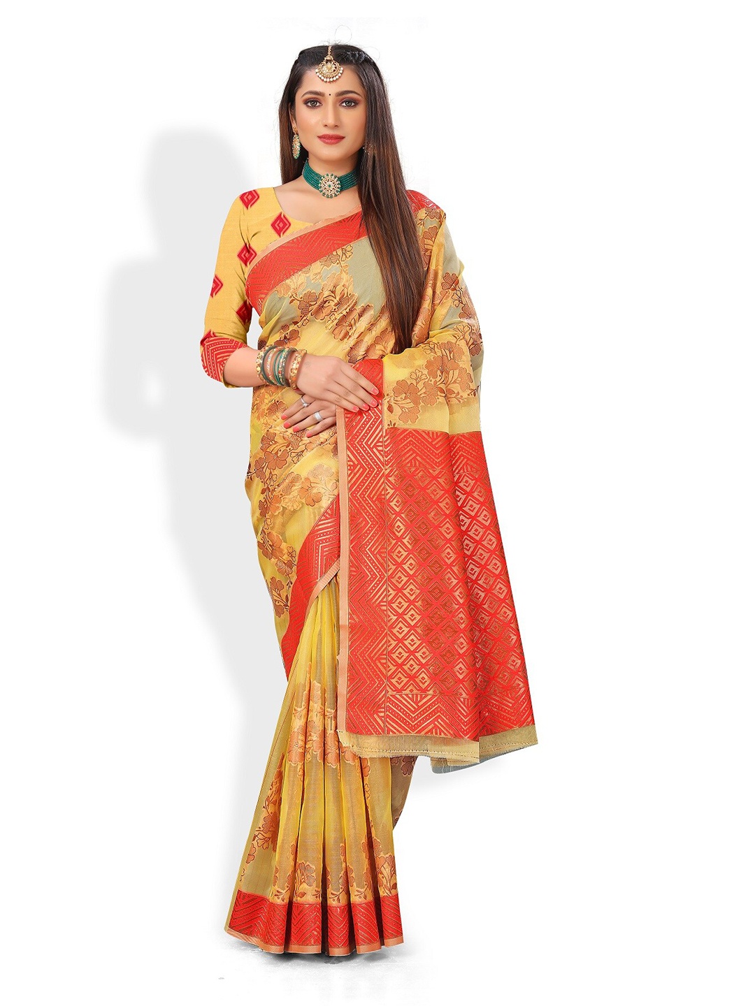 

Rivana Yellow & Orange Floral Zari Organza Banarasi Saree