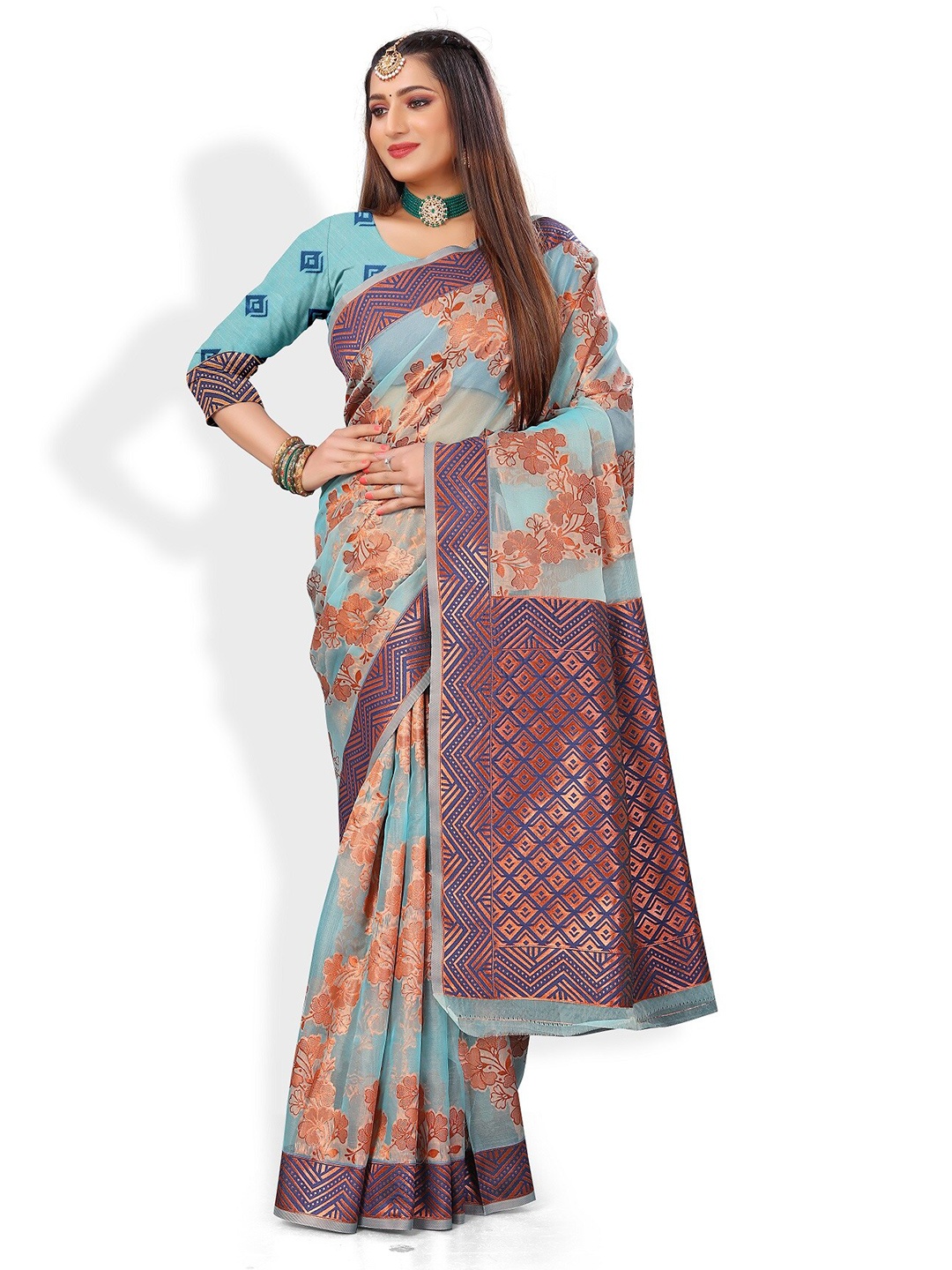 

Rivana Turquoise Blue & Gold-Toned Floral Zari Organza Banarasi Saree