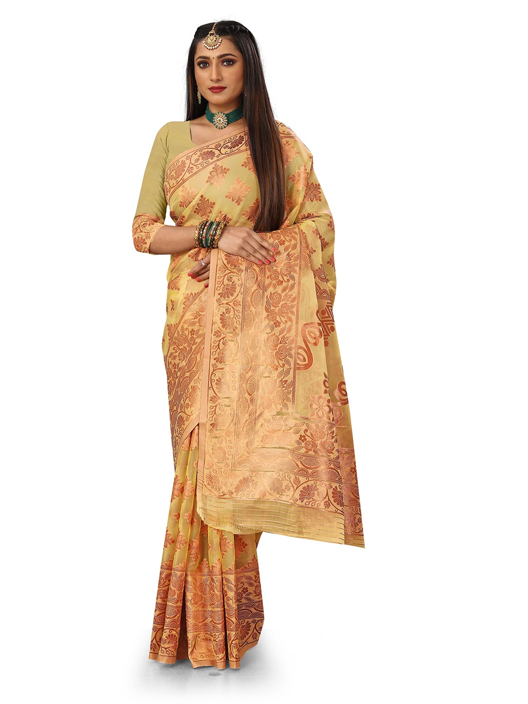 

Rivana Yellow & Gold-Toned Woven Design Zari Organza Banarasi Saree