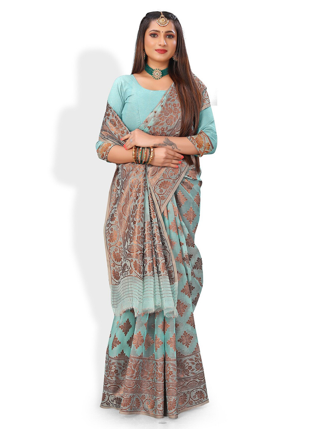 

Rivana Turquoise Blue & Gold-Toned Woven Design Zari Organza Banarasi Saree