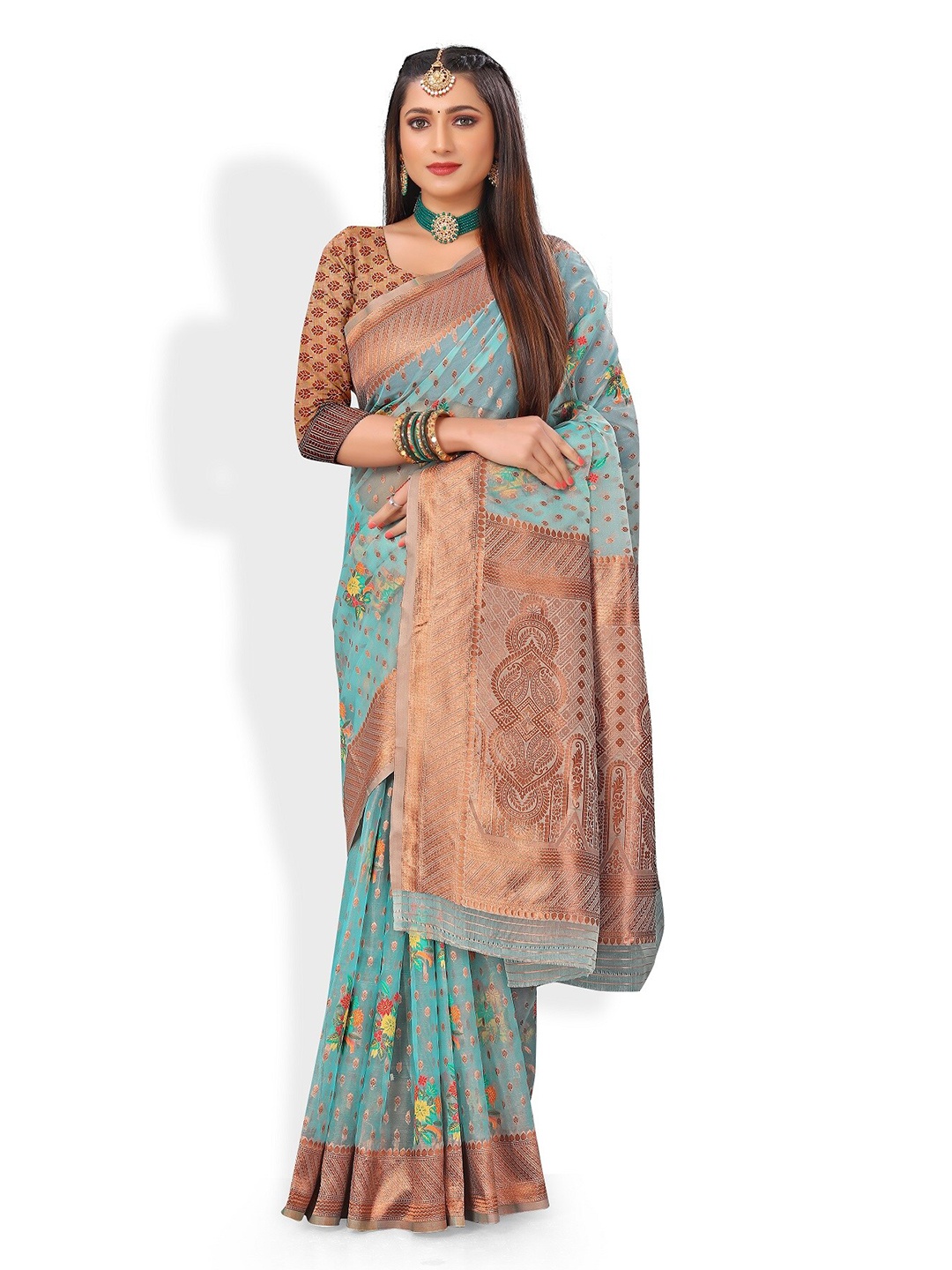 

Rivana Turquoise Blue & Gold-Toned Floral Zari Organza Banarasi Saree