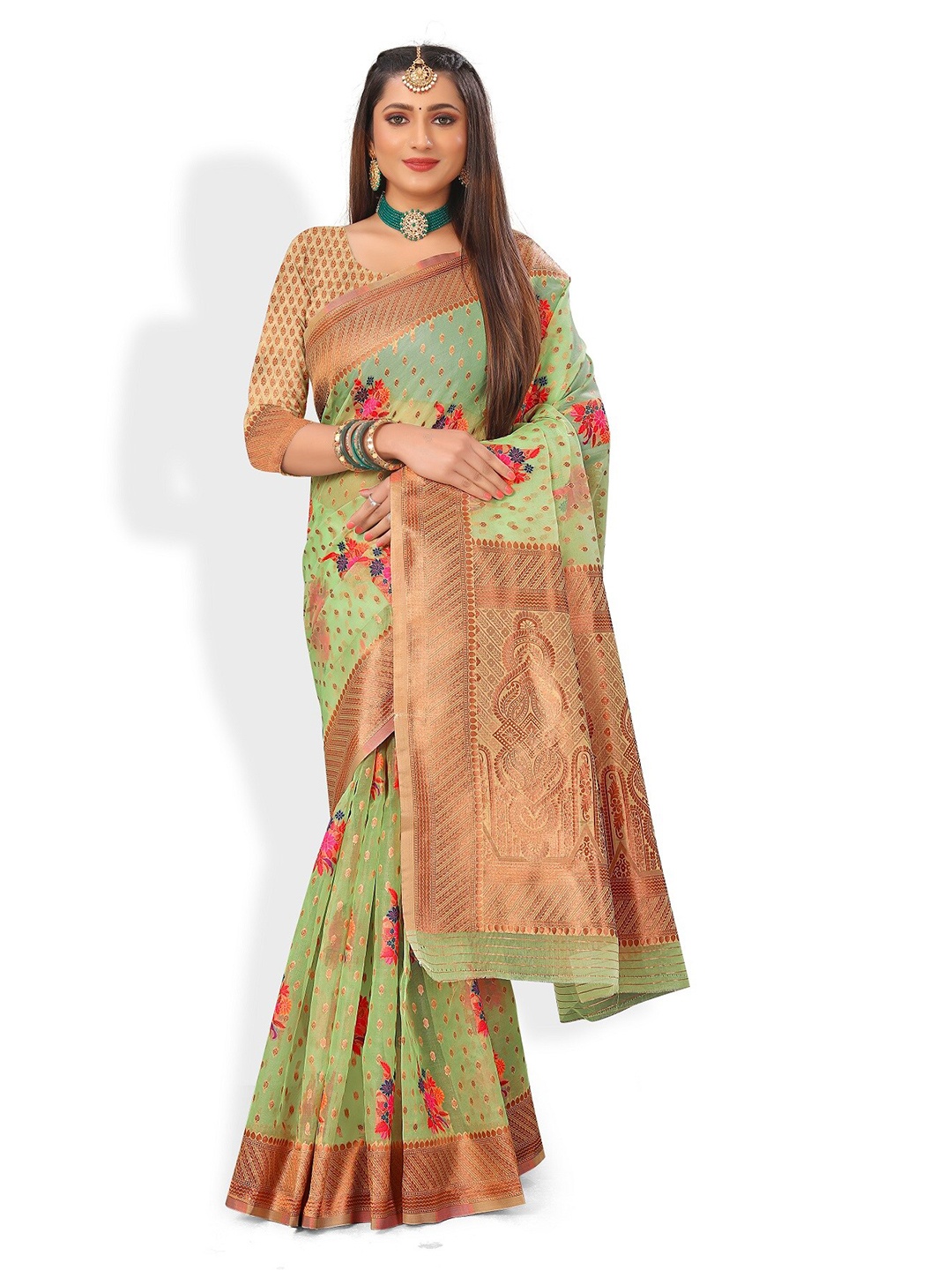 

Rivana Green & Pink Floral Zari Organza Banarasi Saree