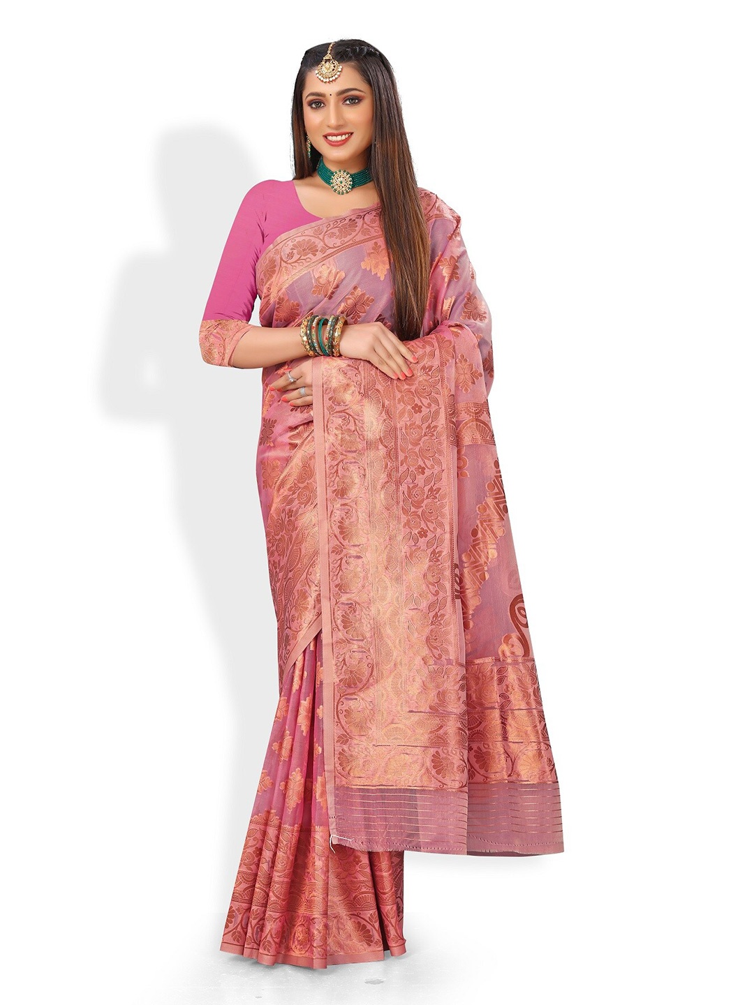 

Rivana Women Pink & Gold-Toned Floral Zari Organza Banarasi Saree
