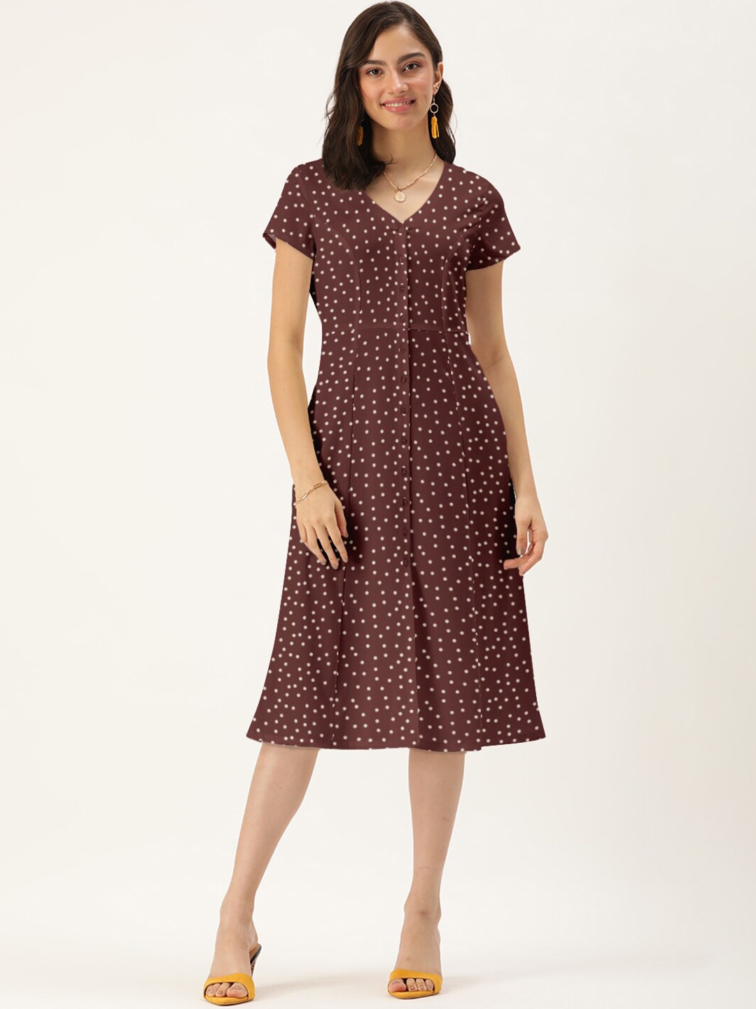 

DressBerry Women Maroon & White Polka Dot Knee Length Dress