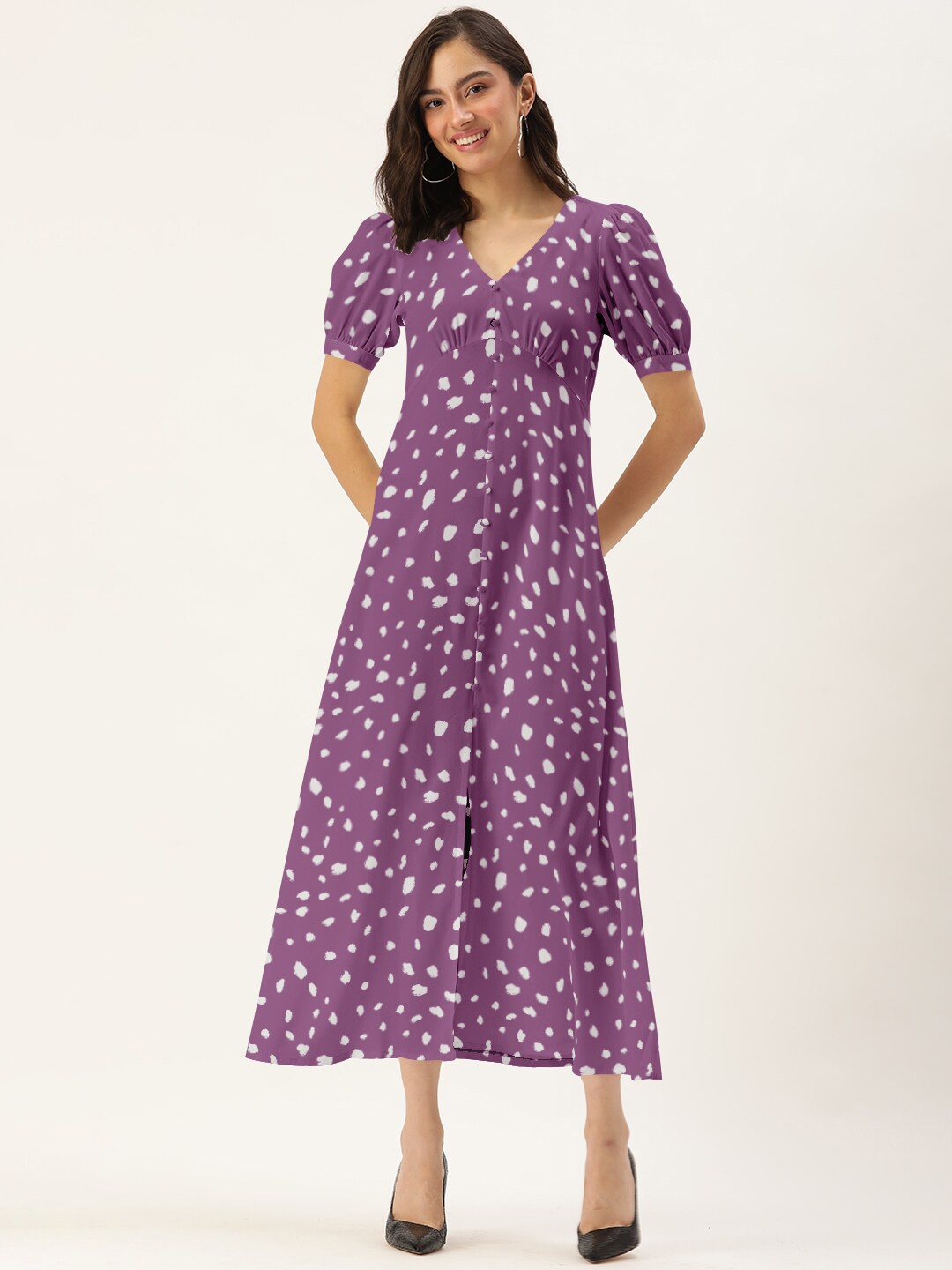 

DressBerry Purple Printed V-Neck Puff Sleeve A-Line Midi Dress