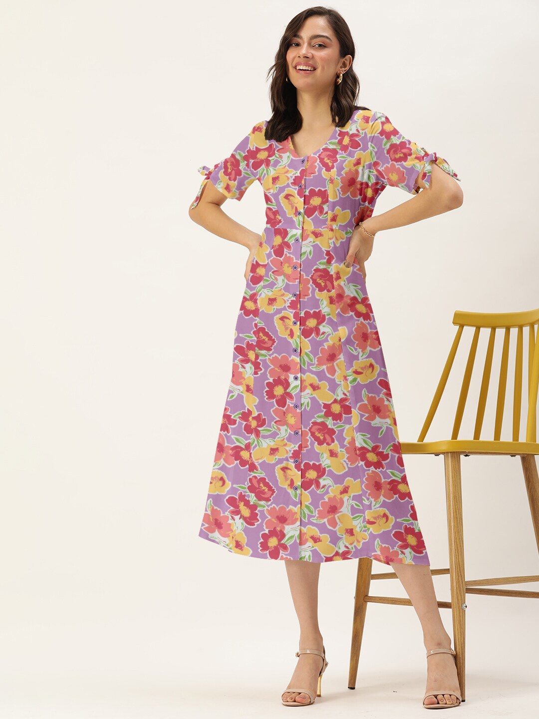 

DressBerry Women Lavender & Yellow Floral A-Line Dress