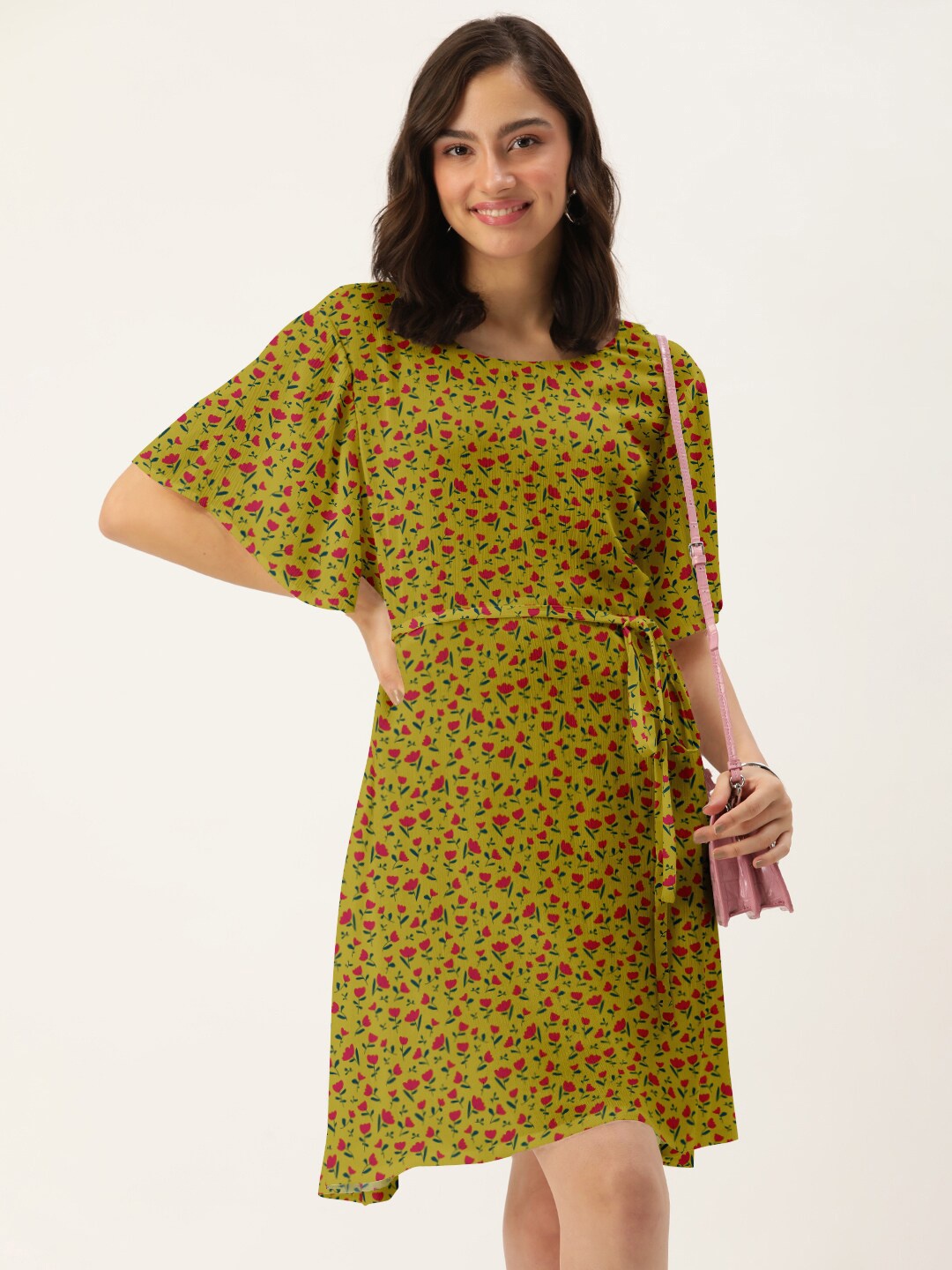 

DressBerry Yellow Floral Crepe A-Line Dress