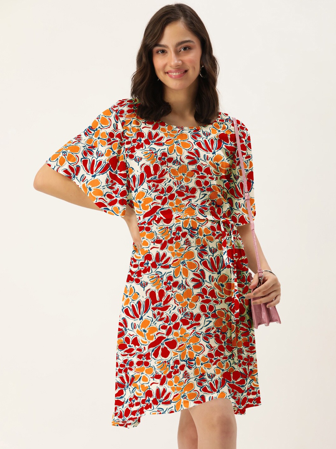 

DressBerry White Printed Flutter Sleeve Crepe A-Line Dress