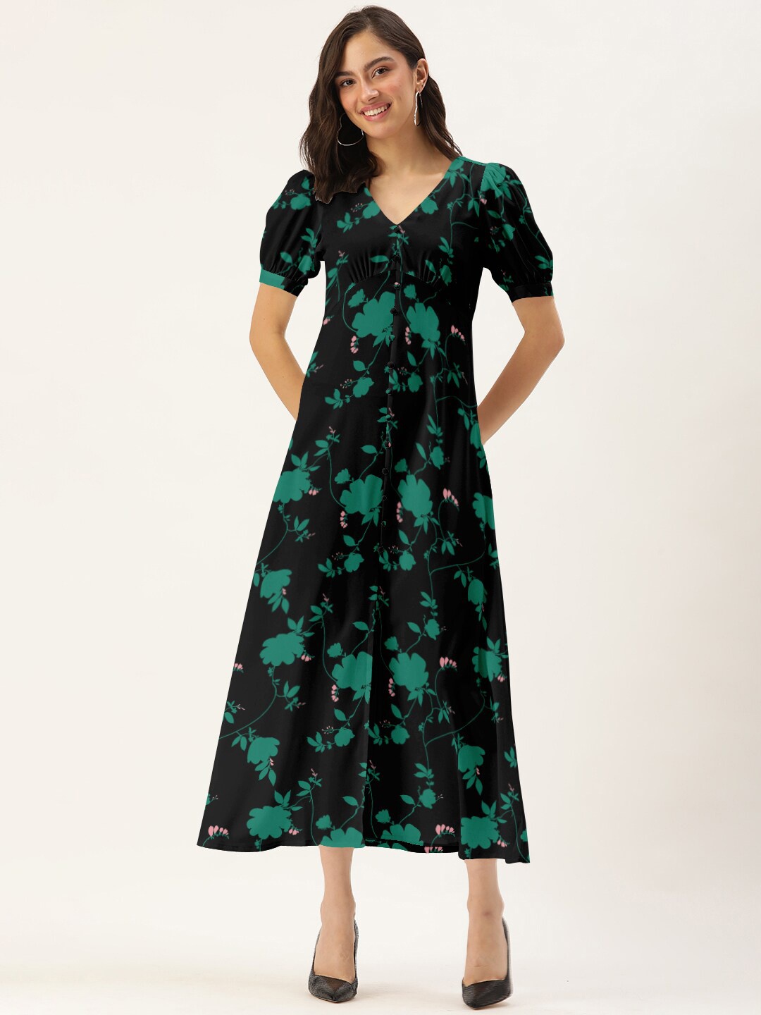 

DressBerry Black Floral A-Line Maxi Dress