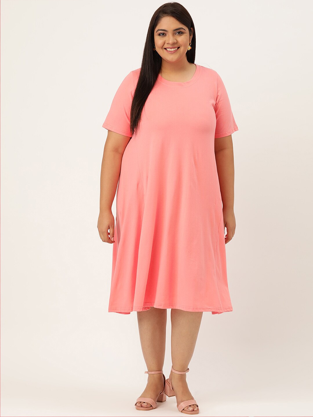 

theRebelinme Plus Size Women's Peach-Coloured Solid A-Line Midi Dress