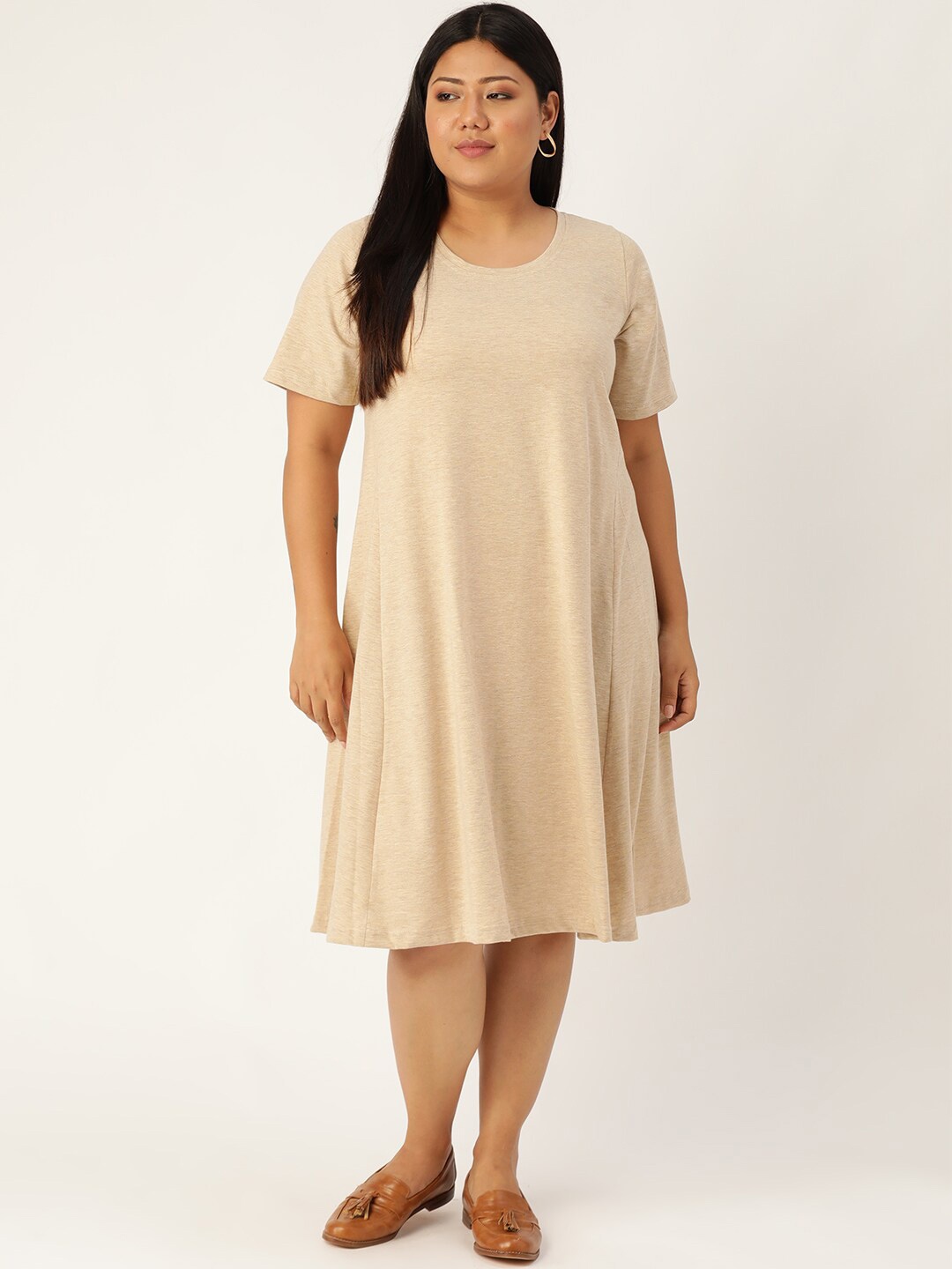 

theRebelinme Plus Size Women's Beige Solid A-Line Dress
