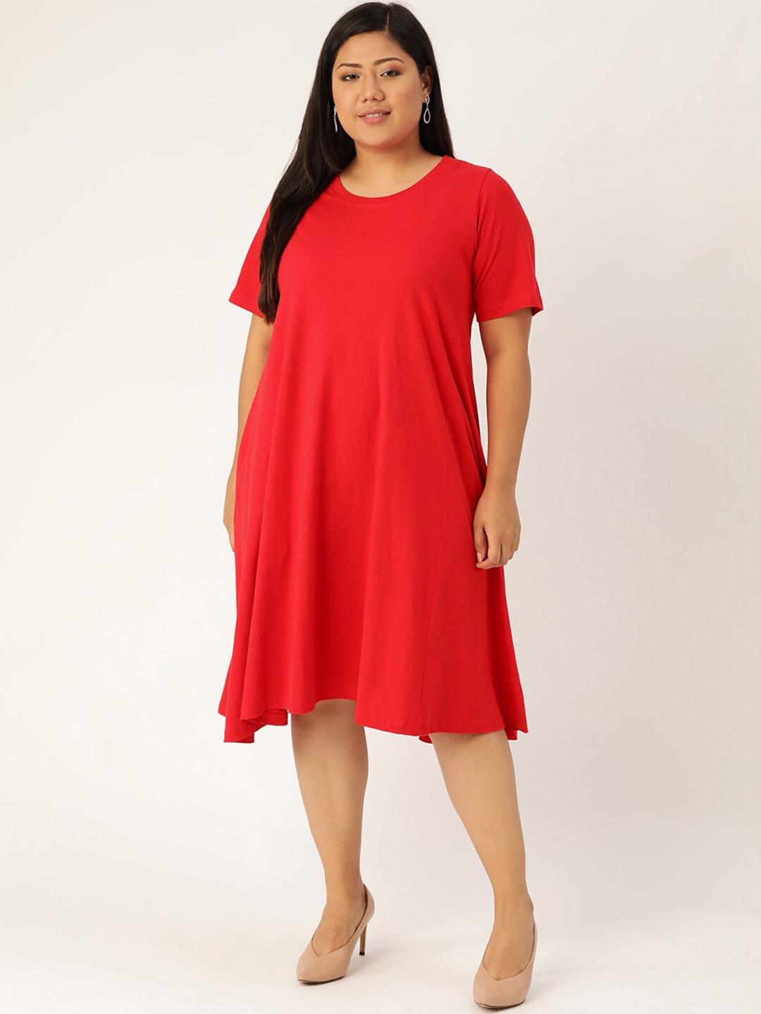 

theRebelinme Plus Size Red Solid Pure Cotton A-Line Dress
