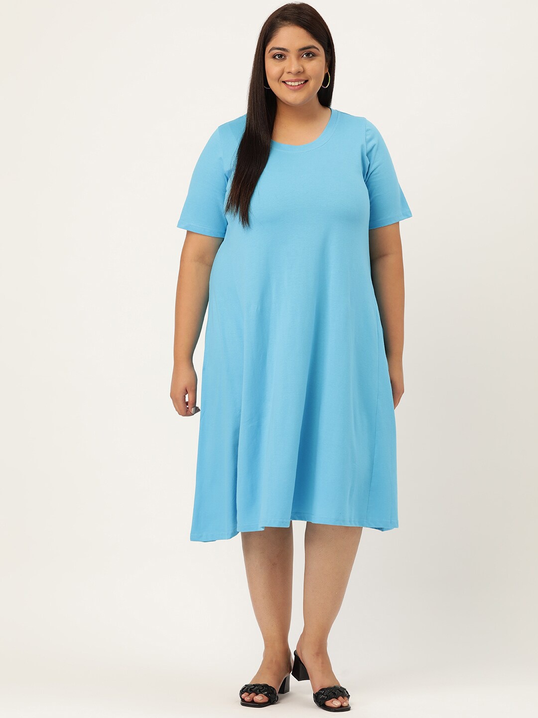

theRebelinme Plus Size Women Turquoise Blue Solid A-Line Midi Dress