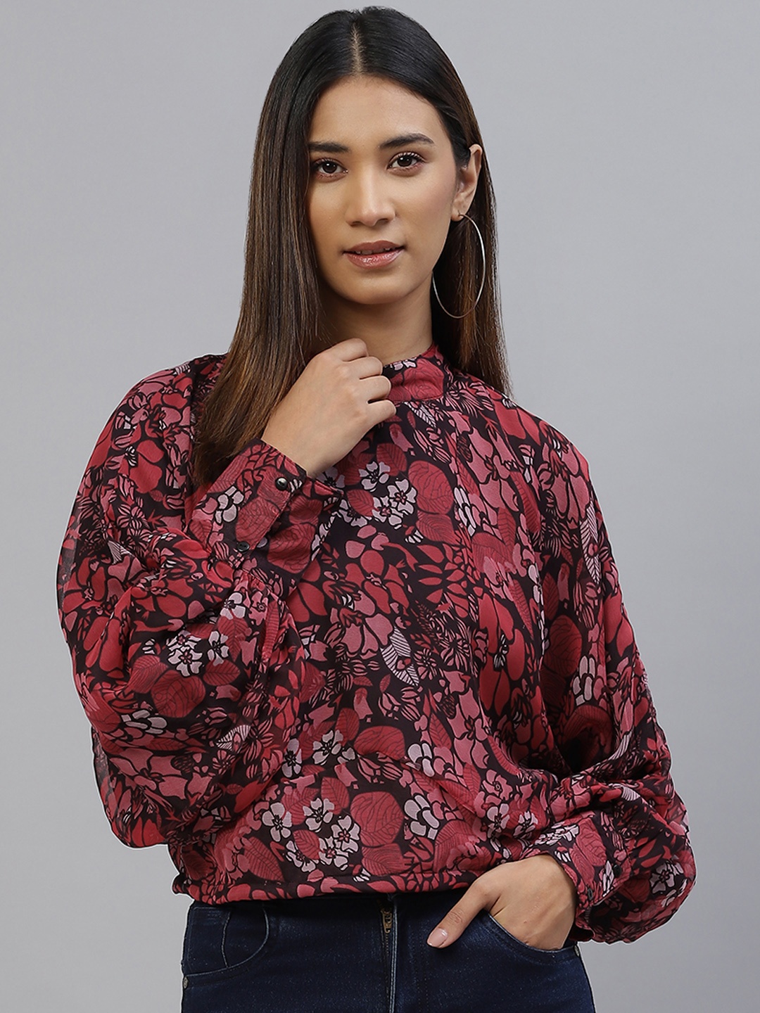 

plusS Red & Maroon Floral Print Mandarin Collar Top